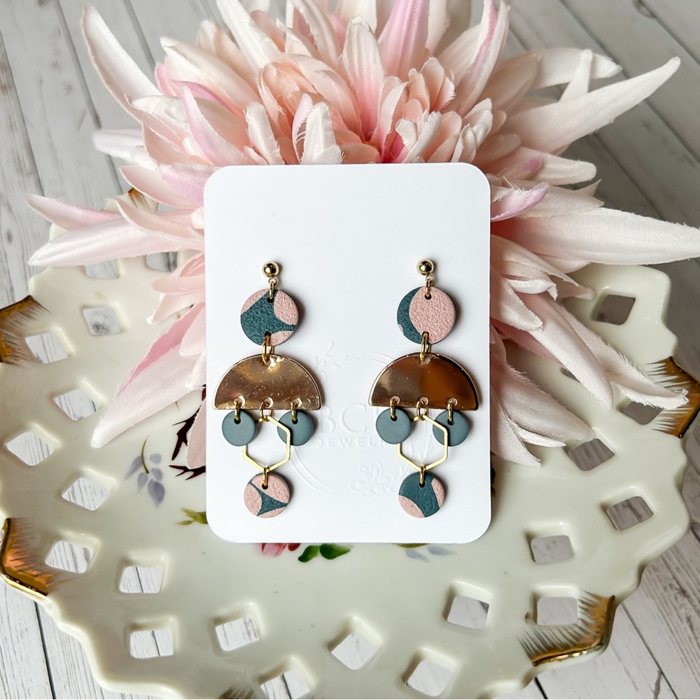 Pink and Green Polymer Clay Geometric Earrings, Handmade in Canada
